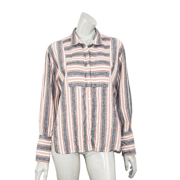 FRAME Natural White Multi Stripe Linen Bib Shirt Blouse Women's Small - Picture 4 of 9